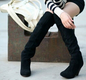 Faux Suede Knee High Boots Chunky Heel 3524