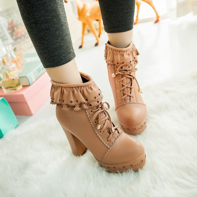 Sweet Chunky Heeled Lace Up Short Boots Plus Size Women Shoes 6573