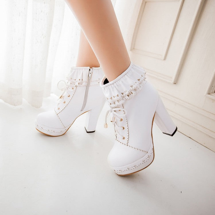 Sweet Chunky Heeled Lace Up Short Boots Plus Size Women Shoes 6573
