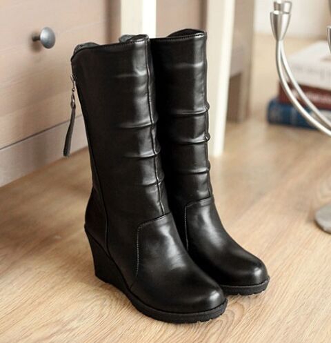 Pu Leather Mid Calf Boots Wedge Heel 5541