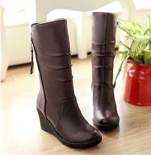 Pu Leather Mid Calf Boots Wedge Heel 5541