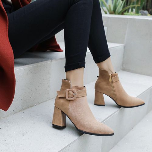 Women Buckle Suede High Heels Short Boots