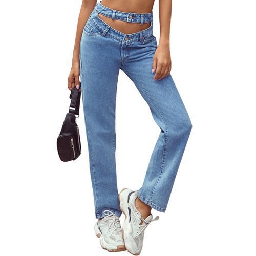Retro Fashion Hollow Out Sexy High Waist Denim Long Women Jeans