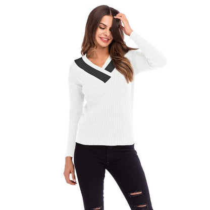 Contrasting Casual Sweater Women's Spring Cross V-neck Slim Sweater