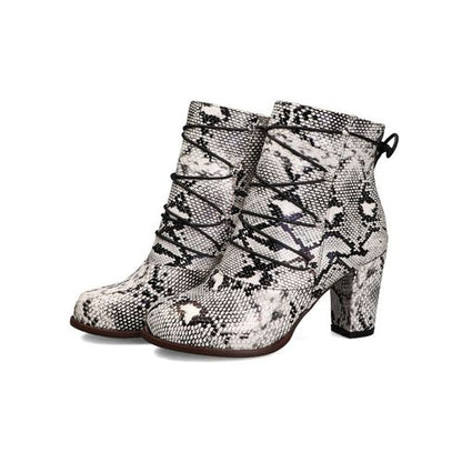 Women Snake Pattern High Heels Short Boots Winter Shoes