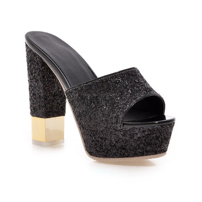 Women High Heel Sequin Slides Platform Sandals Shoes 7640