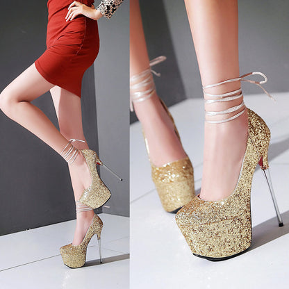 Pointed Toe Sequin Platform Pumps High Heels Women Wedding Shoes 5064