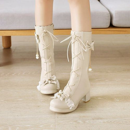 Women Pearl Bow High Heels Mid Calf Boots