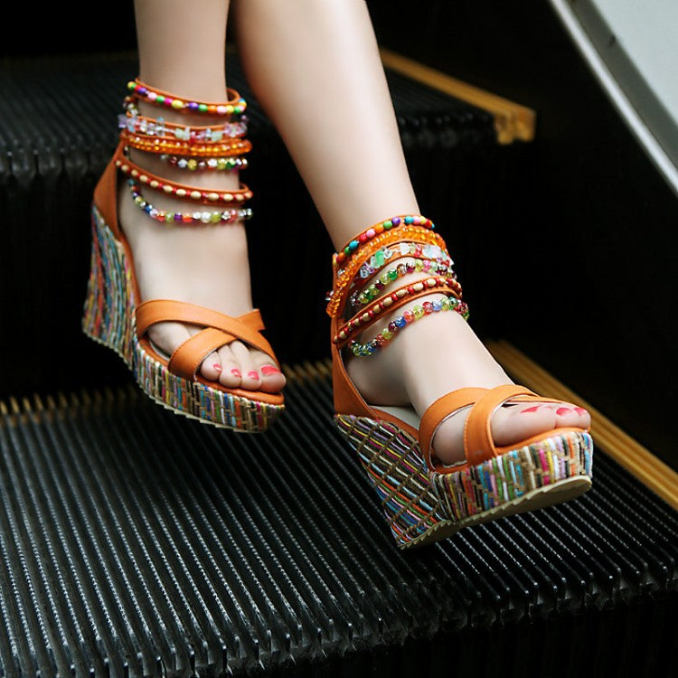 Summer Beads Platform Wedges Sandals for Women Shoes MF2102