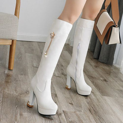 Women Pearl Flower High Heels Platform Knee High Boots