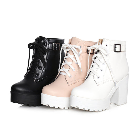 Lace Up Platform Chunky Heels Short Motorcycle Boots Plus Size Women Shoes 8489
