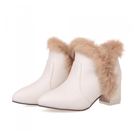 Pointed Toe Rabbit Fur Short Boots Plus Size Women Shoes 6487