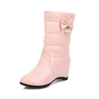 Women Bow Tie Pearl Short Boots Winter Shoes