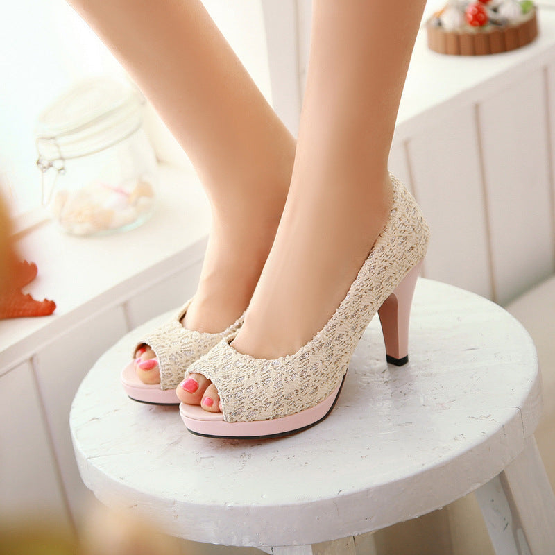 Peep Toe Lace Platform Sandals High Heels Shoes Woman 4939