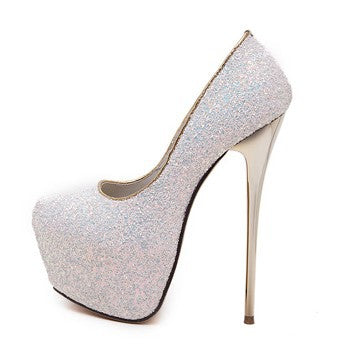 White glitter 2025 platform heels