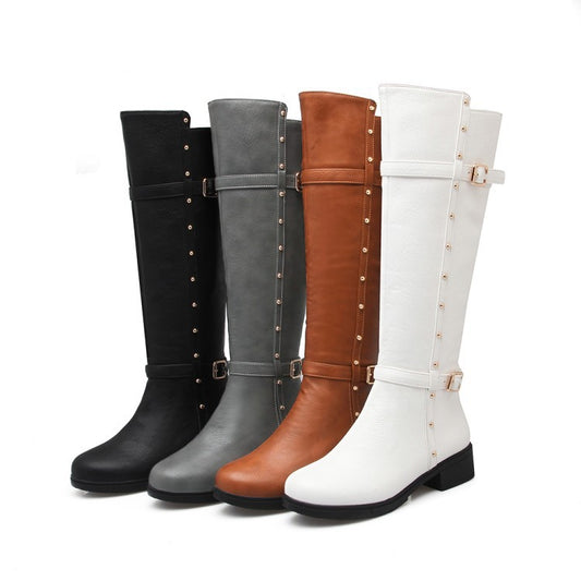 Studded Buckle Tall Motorcycle Boots Square Heel for Women 9496