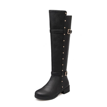 Studded Buckle Tall Motorcycle Boots Square Heel for Women 9496