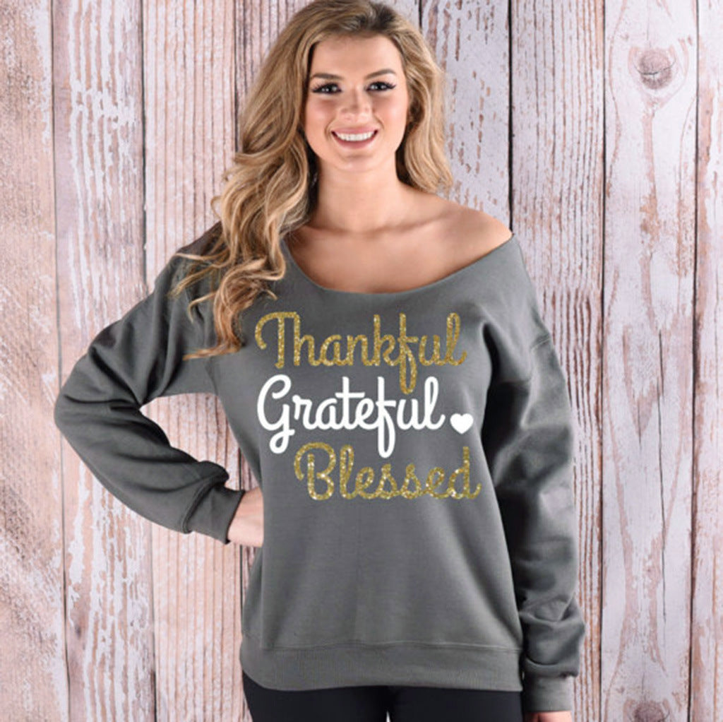 Thanks Giving Graphic Print Skew Neck Top 8566