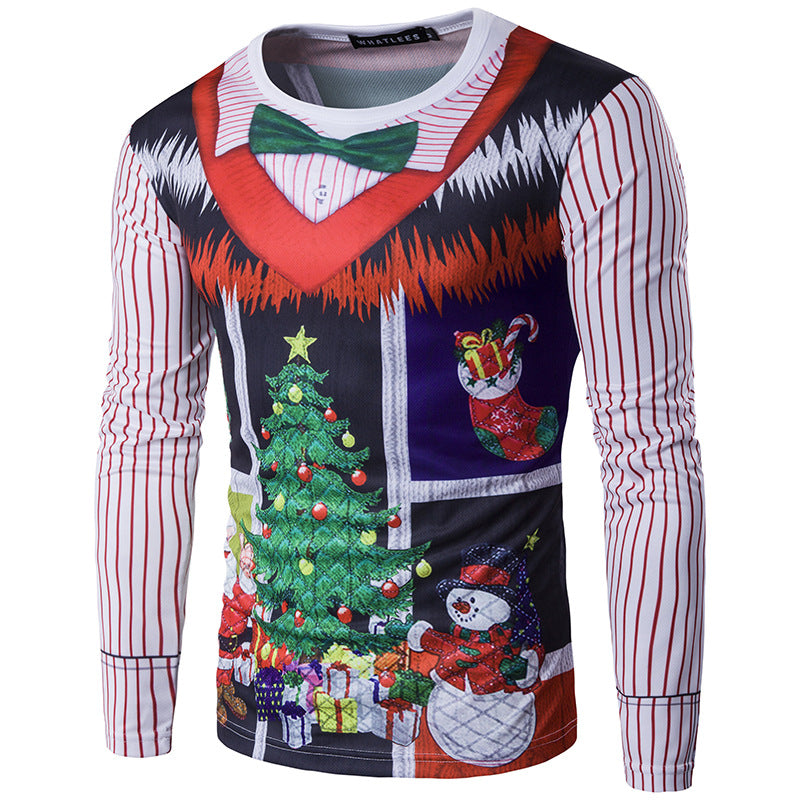 Men's  Christmas Tree Letter Print Round Neck Fake Two Pieces 3D Long Sleeve T-Shirt