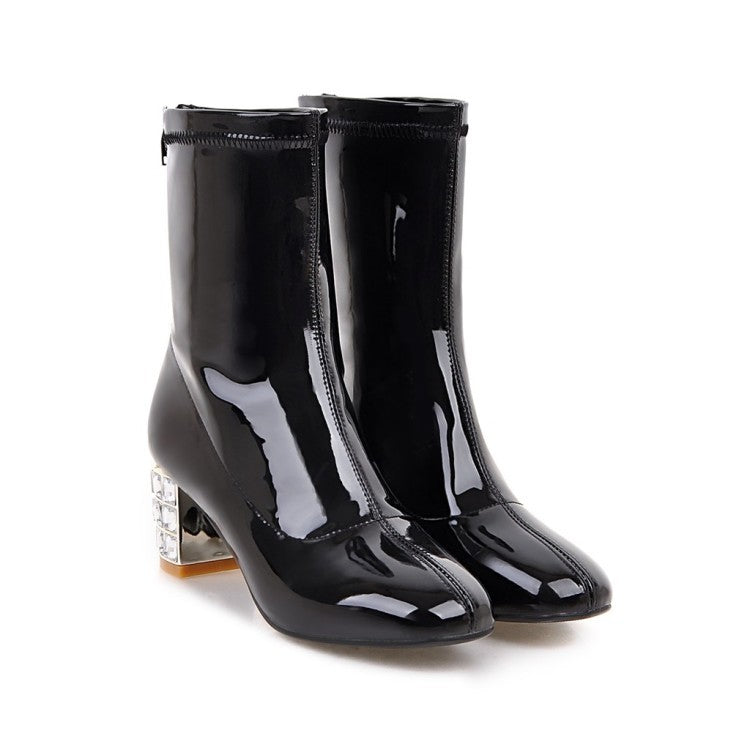 Patent Leather Zipper Mid Calf Boots 6553