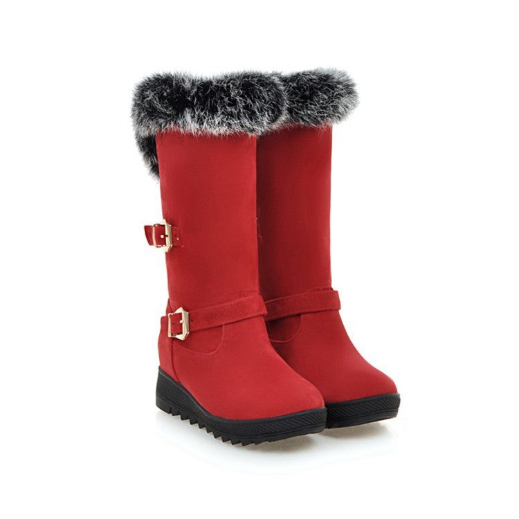 Fur Buckle Mid Calf Boots Wedge Heel 9014