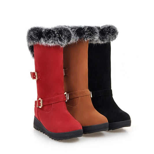 Fur Buckle Mid Calf Boots Wedge Heel 9014