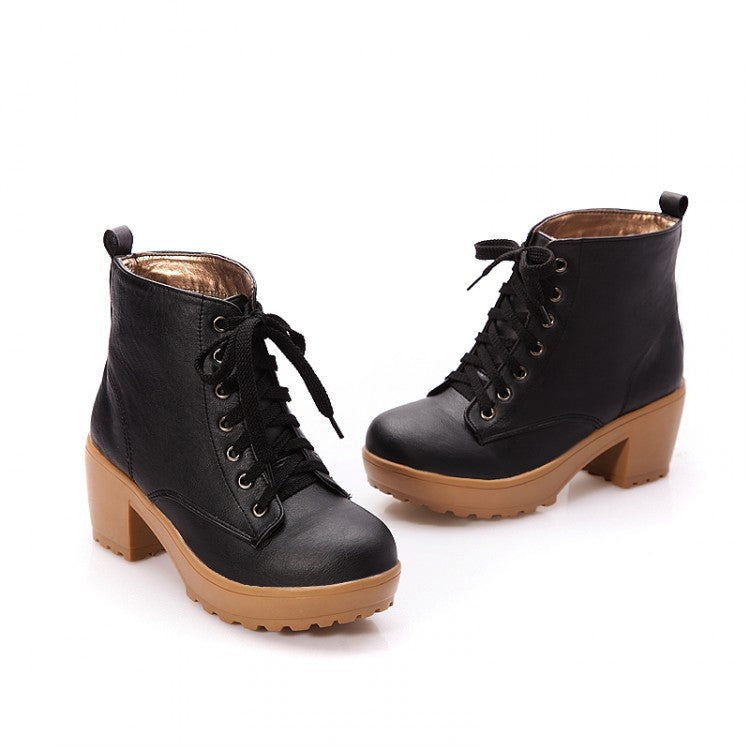 Women's Lace Up Ankle Boots Chunky Heels Shoes Autumn and Winter 9205