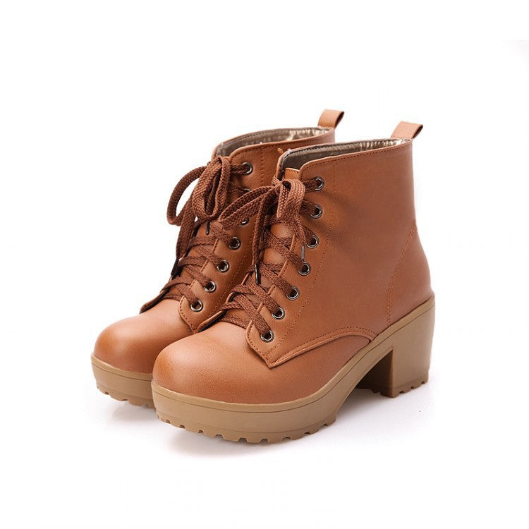 Women's Lace Up Ankle Boots Chunky Heels Shoes Autumn and Winter 9205