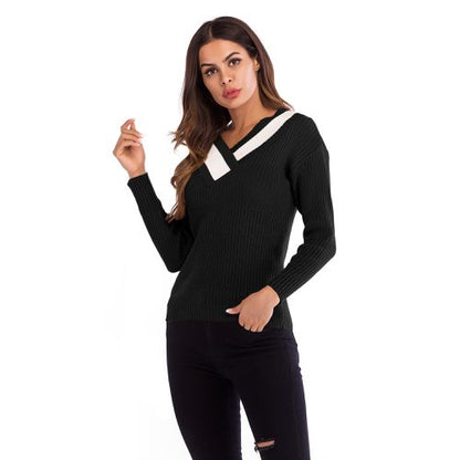 Contrasting Casual Sweater Women's Spring Cross V-neck Slim Sweater