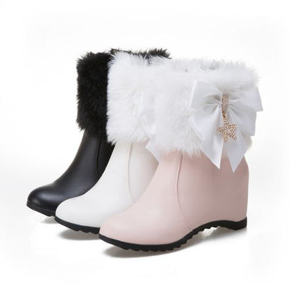 Women Rhinestone Bow Tie High Heels Short Boots Winter Shoes