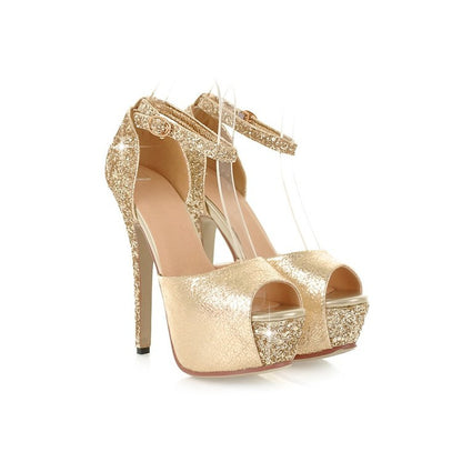 Women's Ankle Straps Sequined Peep Toe Platform Sandals High Heels Shoes 8219