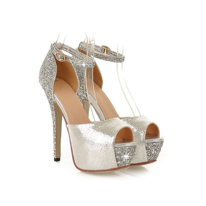 Women's Ankle Straps Sequined Peep Toe Platform Sandals High Heels Shoes 8219