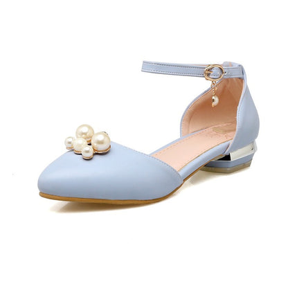 Ankle Strap Pearl Toe Covered Women Flat Shoes 1941