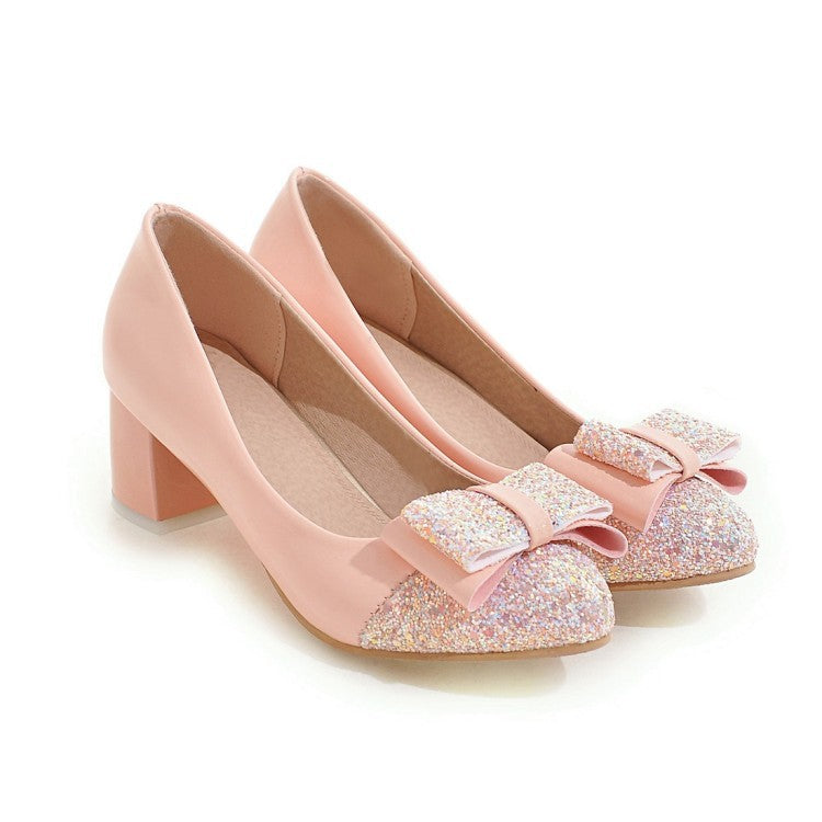 Sequin Bow Medium Chunky Heel Shoes for Woman 9000