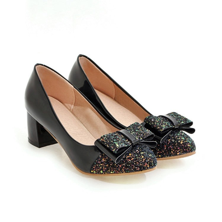 Sequin Bow Medium Chunky Heel Shoes for Woman 9000