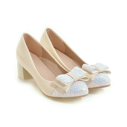 Sequin Bow Medium Chunky Heel Shoes for Woman 9000