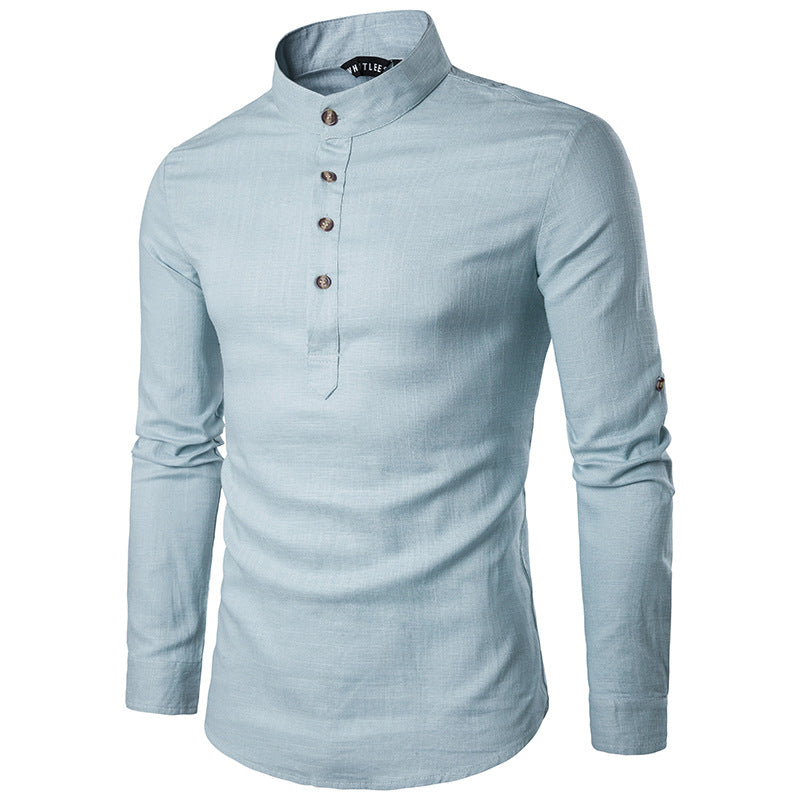 Men's Casual Fashion Solid Color Long Sleeves Henry Stand-Up Collar Linen Stand-Up Collar Shirts