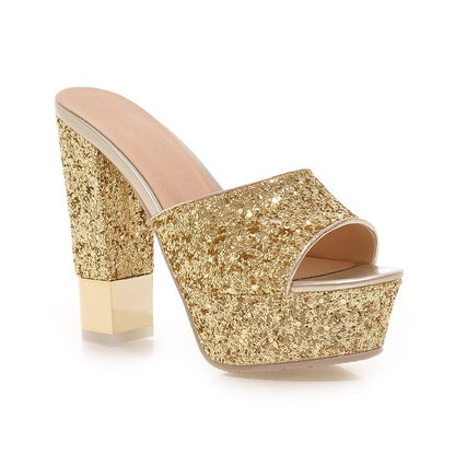 Women High Heel Sequin Slides Platform Sandals Shoes 7640