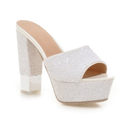 Women High Heel Sequin Slides Platform Sandals Shoes 7640