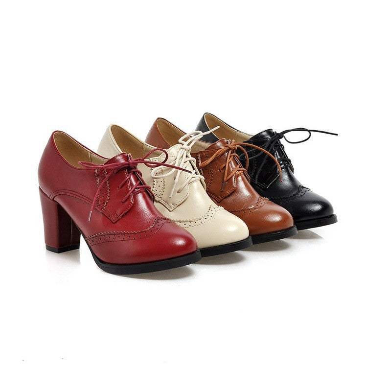 Pointed Toe Lace Up Chunky High Heels Women Shoes 9700