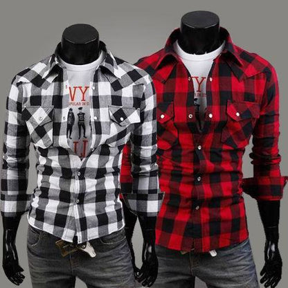 Men's Fashion Button Decor Cotton Plaid Casual Slim Fit Long Sleeves Shirts