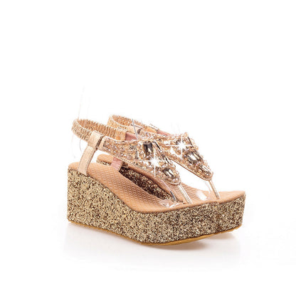 T Strap Rhinestone Women Sandals Wedge Heels Shoes for Summer 6261