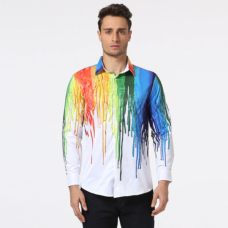 3D Watercolor Rainbow Print Long Sleeve Men Shirt 5908