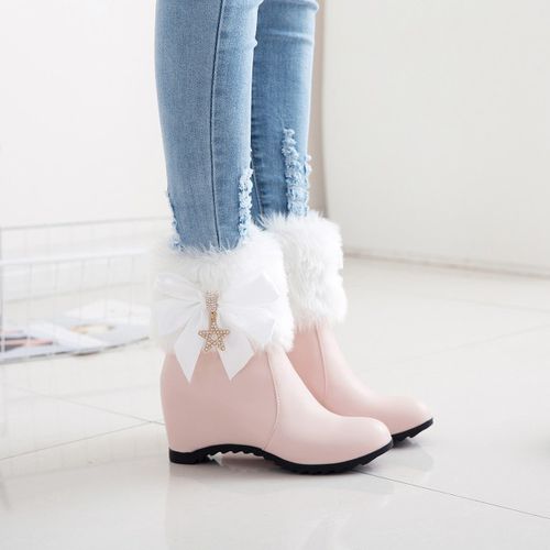 Women Rhinestone Bow Tie High Heels Short Boots Winter Shoes