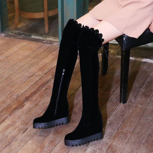 Women Zipper Platform Wedges Tall Boots