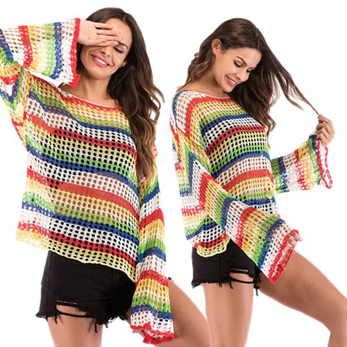 Cut Out Crochet Rainbow Sweater Women's Spring New Loose Round Neck Sweater
