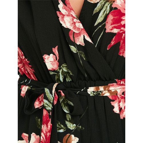 Vintage Crushed Flower Deep V-neck High Open Fork Short-sleeved Holiday Beach Dress Women Dresses