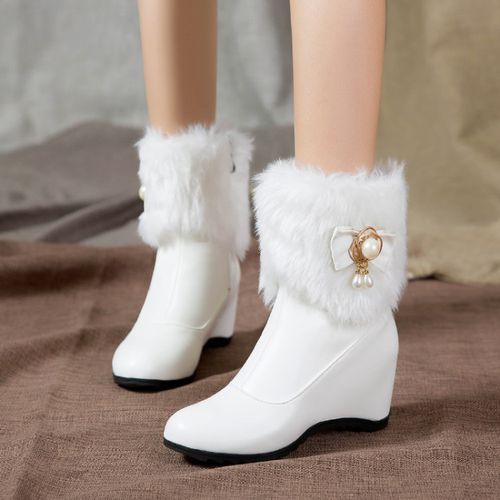Women Pearl Wedges Heels Short Boots Winter Shoes