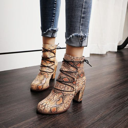 Women Snake Pattern High Heels Short Boots Winter Shoes