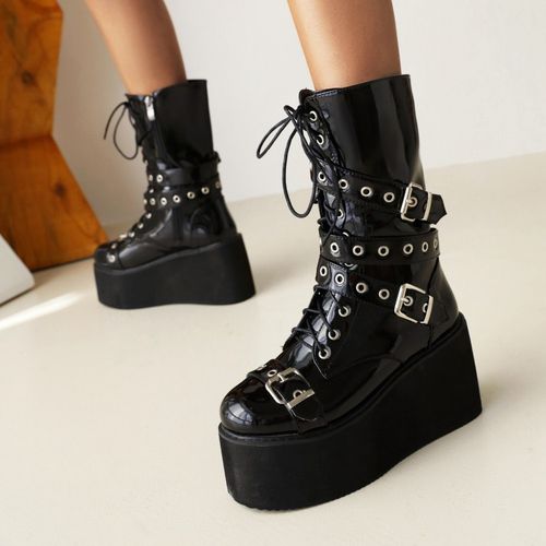 Women Platform Wedges Heels Motorcycle Boots